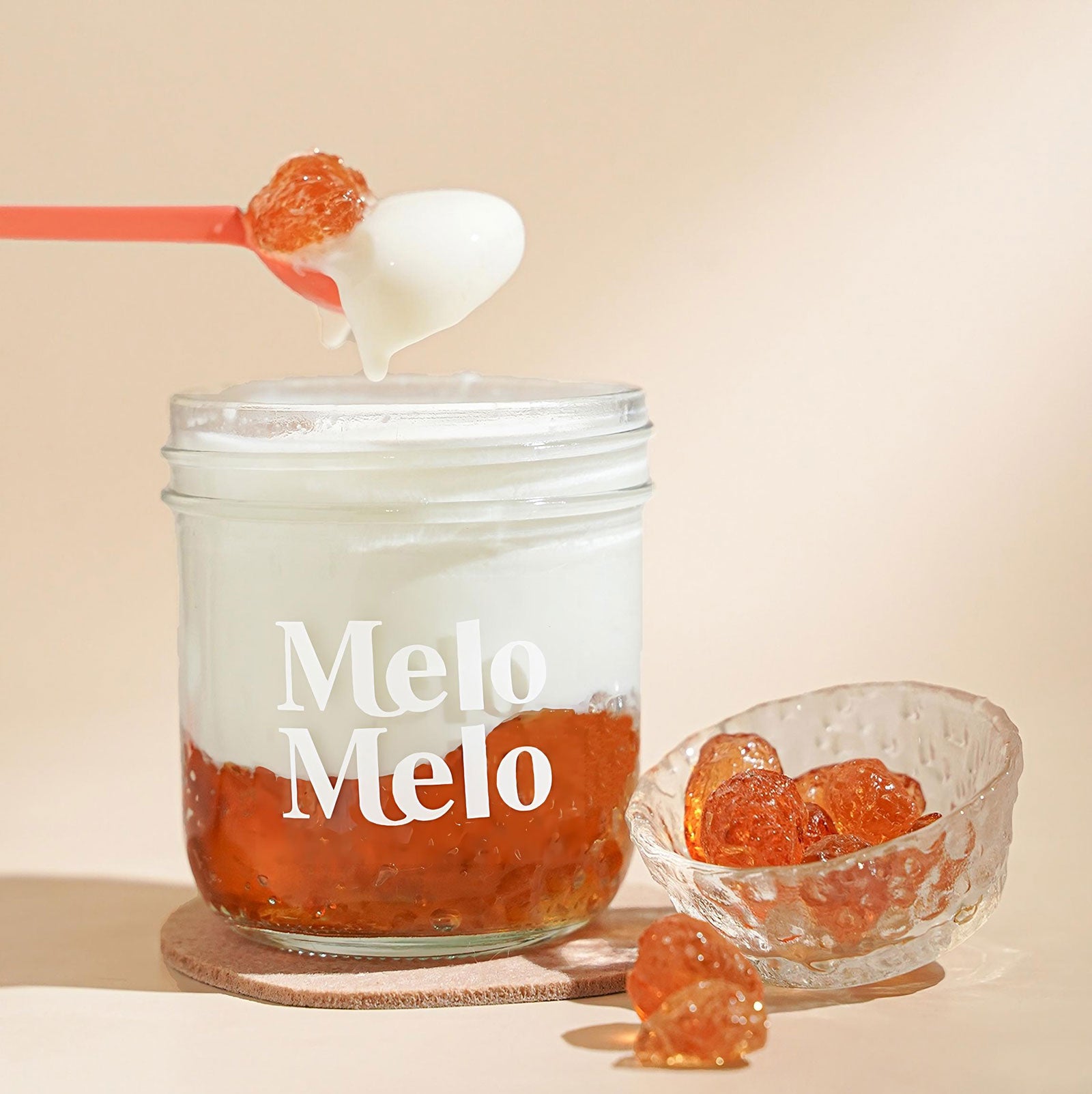 Peach Gum  coconut jelly in glass jar, creamy coconut layer with Peach Gum  base, spoon lifting silky jelly, dripping texture, fresh Peach Gum  beside, clean beige background, soft natural light, premium food photography